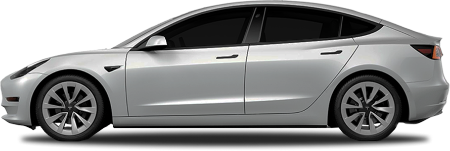 Silver Tesla Model 3 shown from the side profile on a transparent background, featuring aerodynamic lines, flush door handles, and tinted windows.