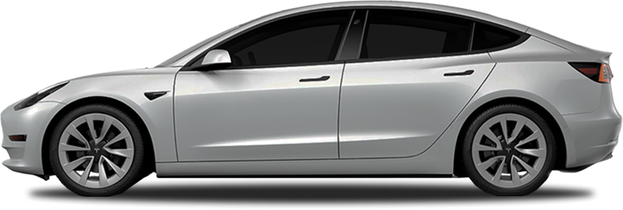 Silver Tesla Model 3 shown in a left side profile view on a transparent background, highlighting its sleek body lines, aerodynamic design, and black trim.