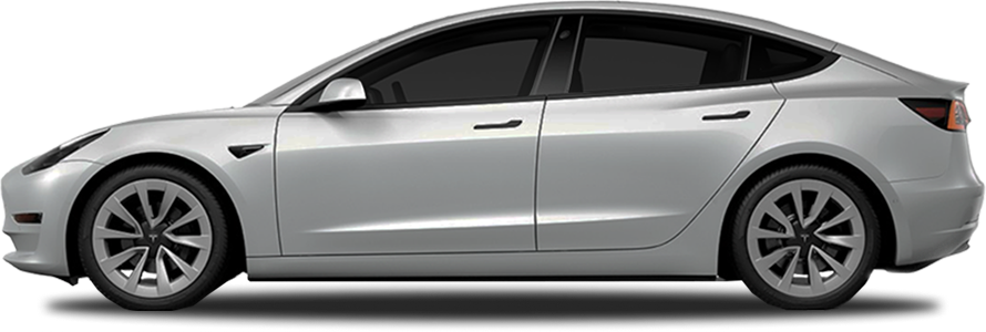 Side view of a silver Tesla Model 3 with tinted windows and aerodynamic design, isolated on a transparent background.
