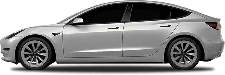 Silver Tesla Model 3 viewed from the driver’s side, showcasing its clean, aerodynamic profile, flush door handles, and tinted windows on a transparent background.