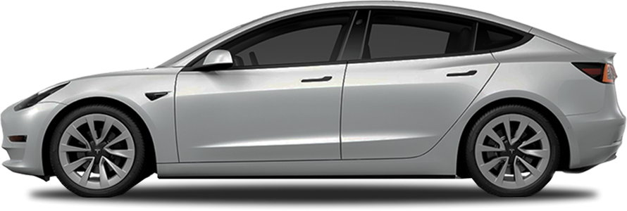 Silver Tesla Model 3 viewed from the side, showcasing its sleek, aerodynamic design, black window trim, and minimalist styling on a transparent background.