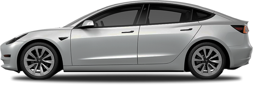 Silver Tesla Model 3 viewed from the left side, featuring smooth body lines, flush door handles, and a modern, aerodynamic design against a transparent background.