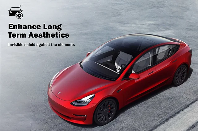 Overhead view of a red Tesla Model 3 with a black roof, parked on a clean concrete surface. Text on the image reads “Enhance Long Term Aesthetics – Invisible shield against the elements,” with an icon of a sparkling car.