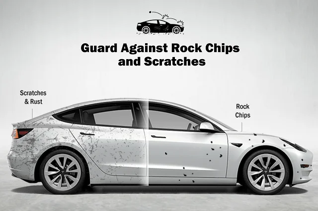 Side view of a white Tesla Model 3 with a split-image effect—left side showing scratches, rust, and rock chips, and right side appearing clean and protected. Text reads “Guard Against Rock Chips and Scratches” with an icon of a damaged car.