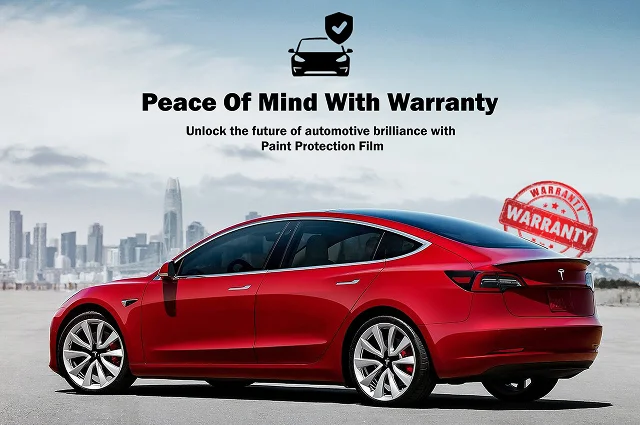 Rear-side view of a red Tesla Model 3 parked on an open surface with a city skyline in the background. Text reads “Peace Of Mind With Warranty – Unlock the future of automotive brilliance with Paint Protection Film” and includes a red warranty stamp.