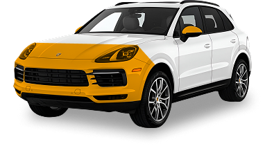 White Porsche Cayenne SUV with partial orange wrap on the front bumper, hood, fenders, and side mirrors, showcasing a custom two-tone design.