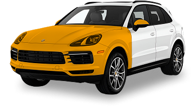 Porsche Cayenne SUV with an orange vinyl wrap covering the entire front half, including the hood, fenders, front doors, and mirrors, while the rear remains white, illustrating a partial wrap design.