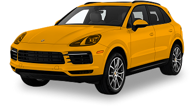 Porsche Cayenne SUV fully wrapped in a bold orange color, including the mirrors and body panels, showcasing a complete custom vinyl wrap.