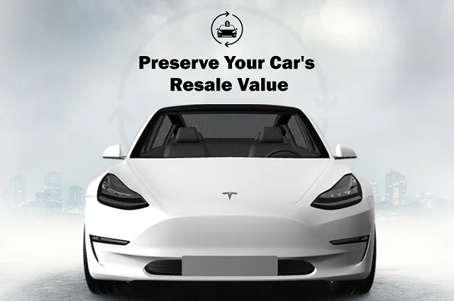 Front view of a white Tesla Model 3 with dark tinted windows, parked against a foggy city skyline backdrop. Text above reads "Preserve Your Car's Resale Value" with an icon of a dollar sign inside a car.