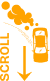 Stylized orange icon of a car drifting with smoke behind it, next to a downward arrow and the word "Scroll" written vertically.