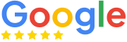 Google Reviews logo with five gold stars beneath, indicating a 5-star customer rating.