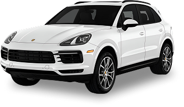 White Porsche Cayenne SUV with sleek headlights, black grille, and alloy wheels, shown from a front-side angle on a transparent background.