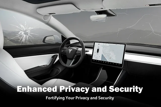 Interior of a Tesla with a focus on the dashboard and central touchscreen, showing cracked windows to illustrate vulnerability. Text overlay reads "Enhanced Privacy and Security – Fortifying Your Privacy and Security."