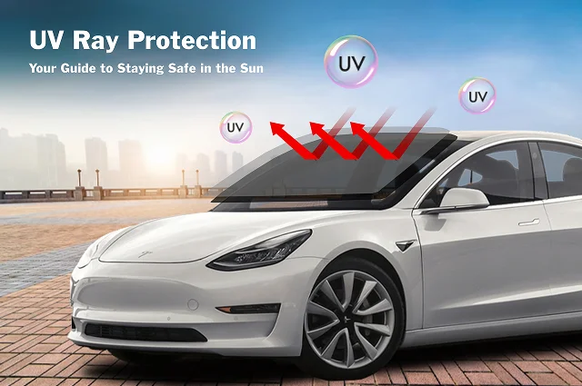 White Tesla Model 3 parked on a brick surface with red arrows and “UV” bubbles illustrating UV rays being blocked by the windshield. Text reads “UV Ray Protection – Your Guide to Staying Safe in the Sun.”