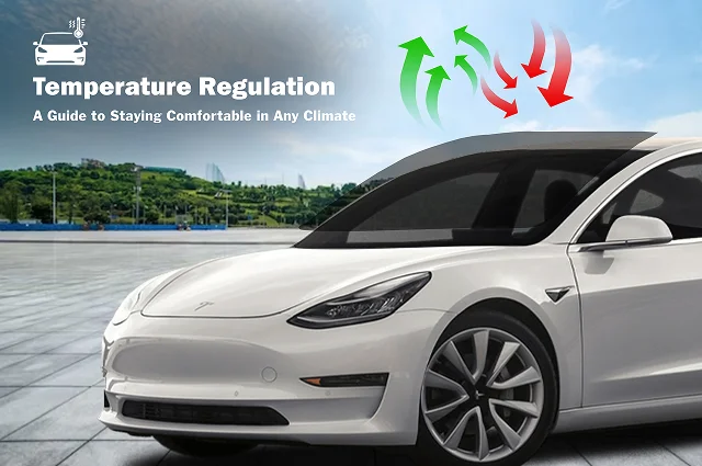 White Tesla Model 3 with shaded windows and arrows indicating temperature regulation—green arrows showing heat escaping and red arrows showing heat blocked. Text reads “Temperature Regulation – A Guide to Staying Comfortable in Any Climate.”