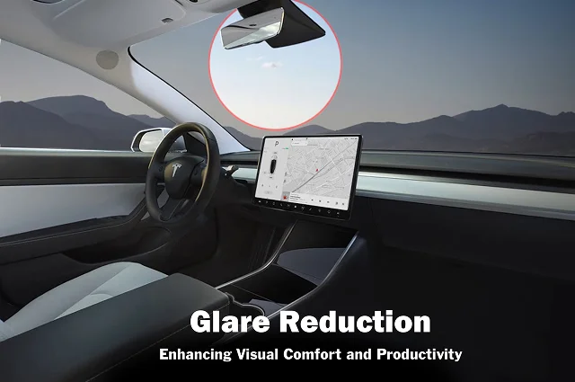 Interior of a Tesla with a focus on the dashboard and central screen, highlighting glare on the windshield with a red circle. Text overlay reads “Glare Reduction – Enhancing Visual Comfort and Productivity.”