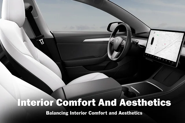 Interior of a Tesla showcasing white seats, minimalist black dashboard, and central touchscreen with a navigation map. Text overlay reads “Interior Comfort And Aesthetics – Balancing Interior Comfort and Aesthetics.”