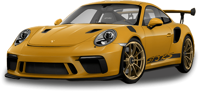 Yellow Porsche 911 GT3 RS sports car with aerodynamic features, large rear wing, and black accents, positioned at an angle to show its aggressive front and side profile.