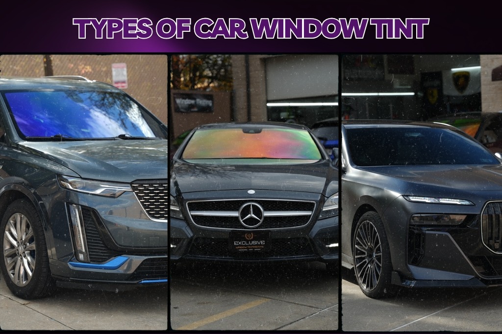 Three luxury vehicles parked outside Exclusive Window Tinting NYC in Staten Island, each showcasing different types of car window tint: dyed, metalized, and ceramic, with visible variations in color and reflectivity across the windshields.